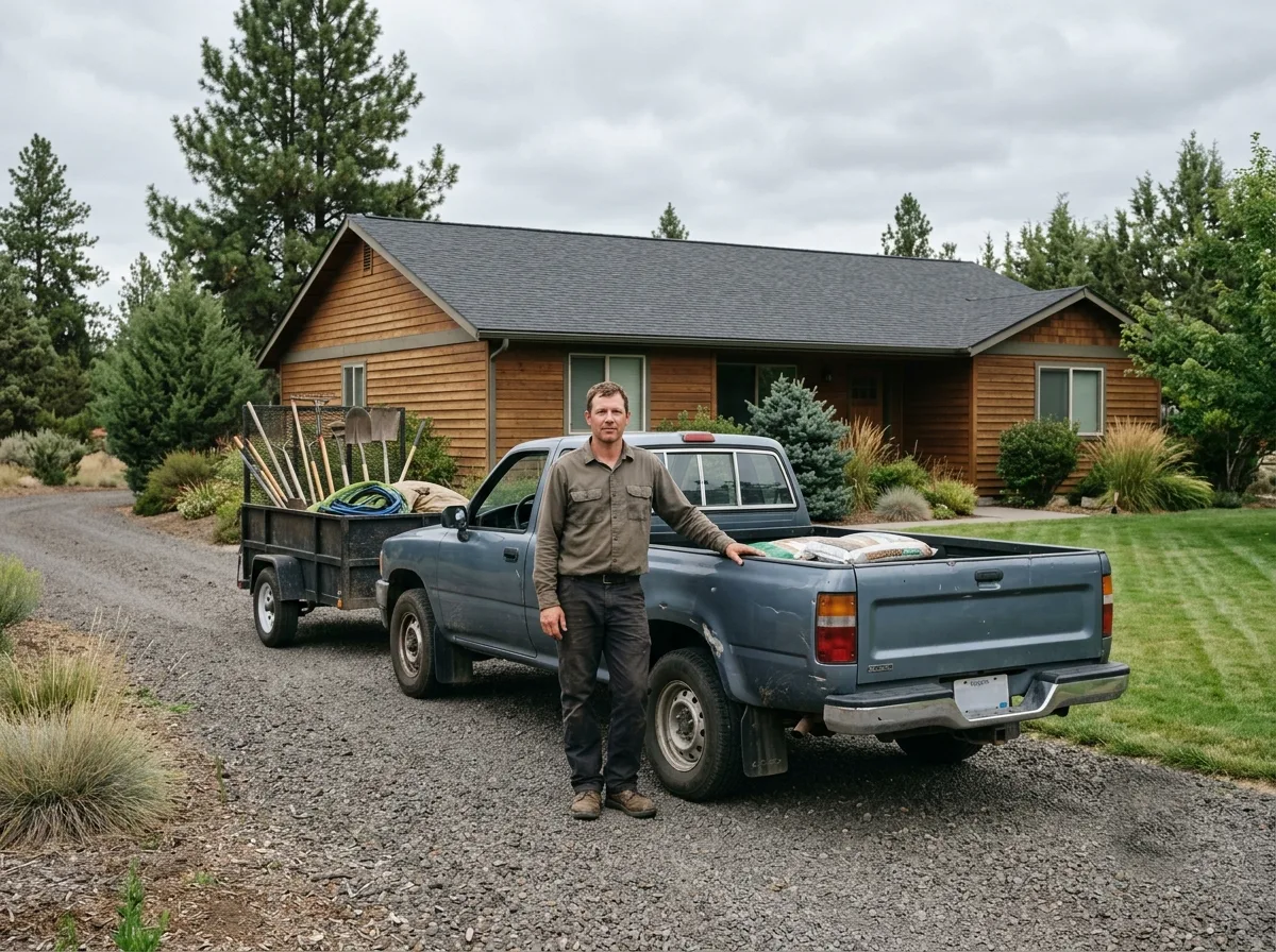 A pickup and trailer loaded with rakes and shovels at a garden job