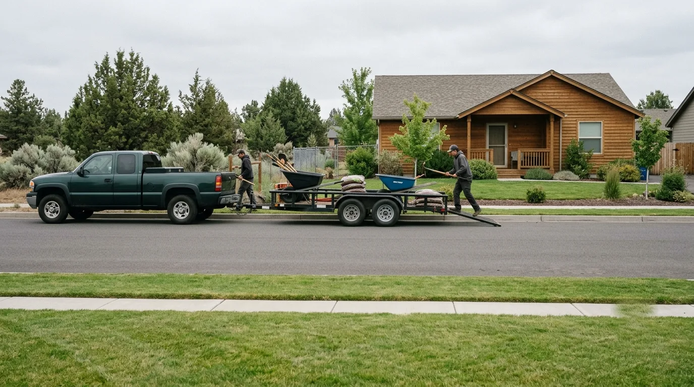 A truck and trailer at the curb of a residential job, crew unloading tools