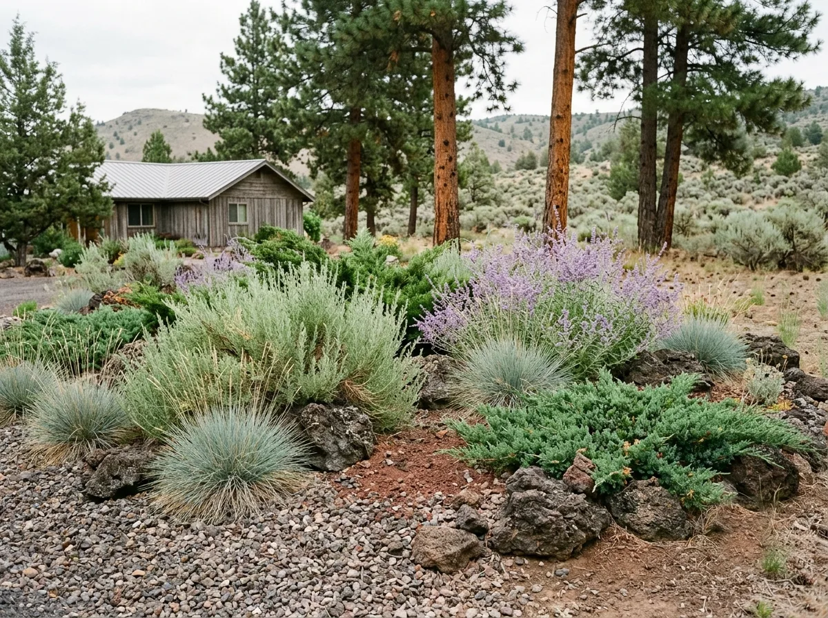 An established planting bed with grasses, sage, and low shrubs among stone, with trees and hills beyond
