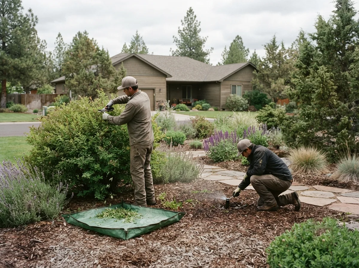 Two crew members on a maintenance visit — one pruning a shrub, the other raking clippings onto a tarp
