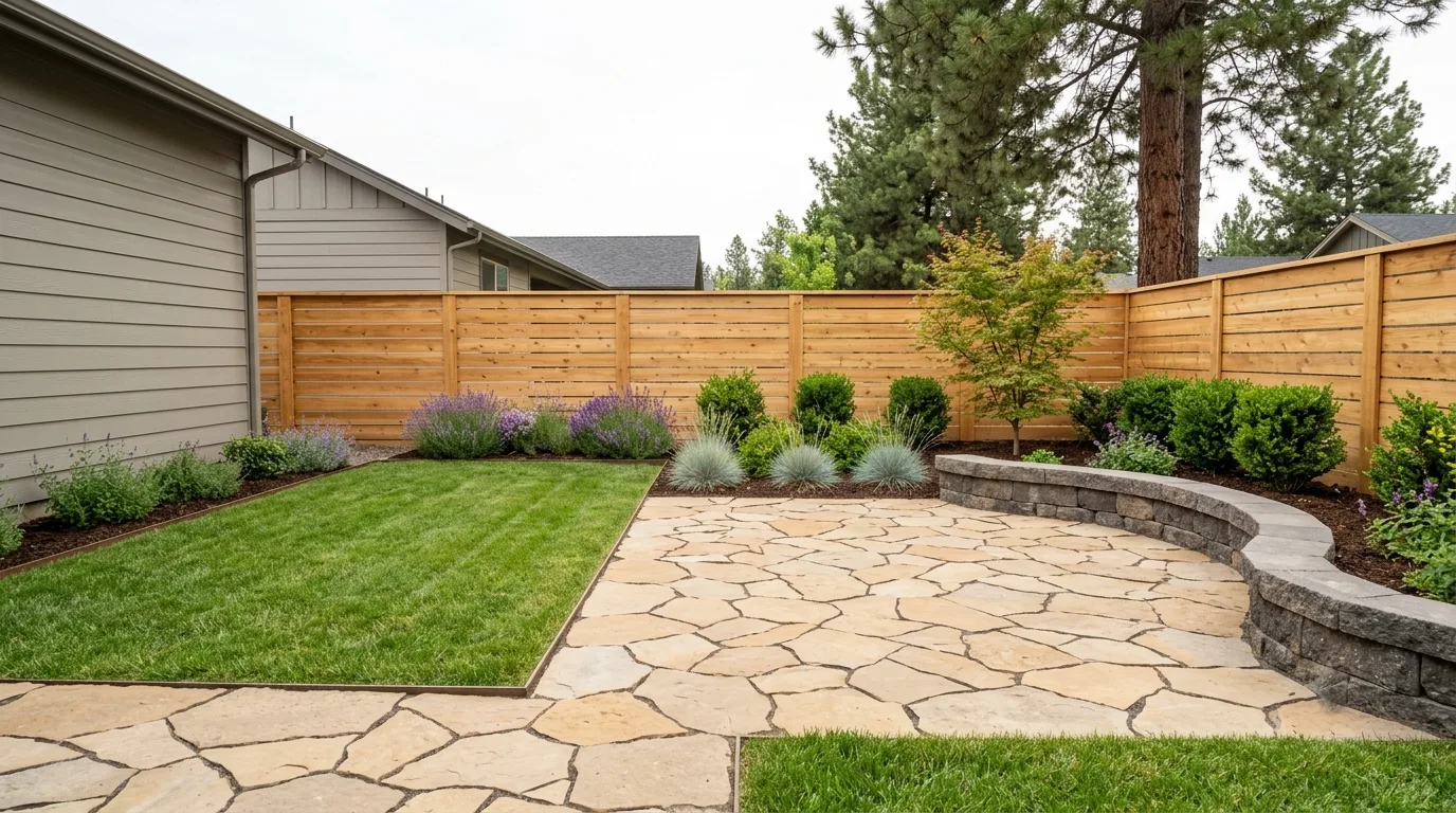 The finished backyard — flagstone patio, basalt retaining wall, fresh lawn, and lavender and boxwood beds along a new cedar fence