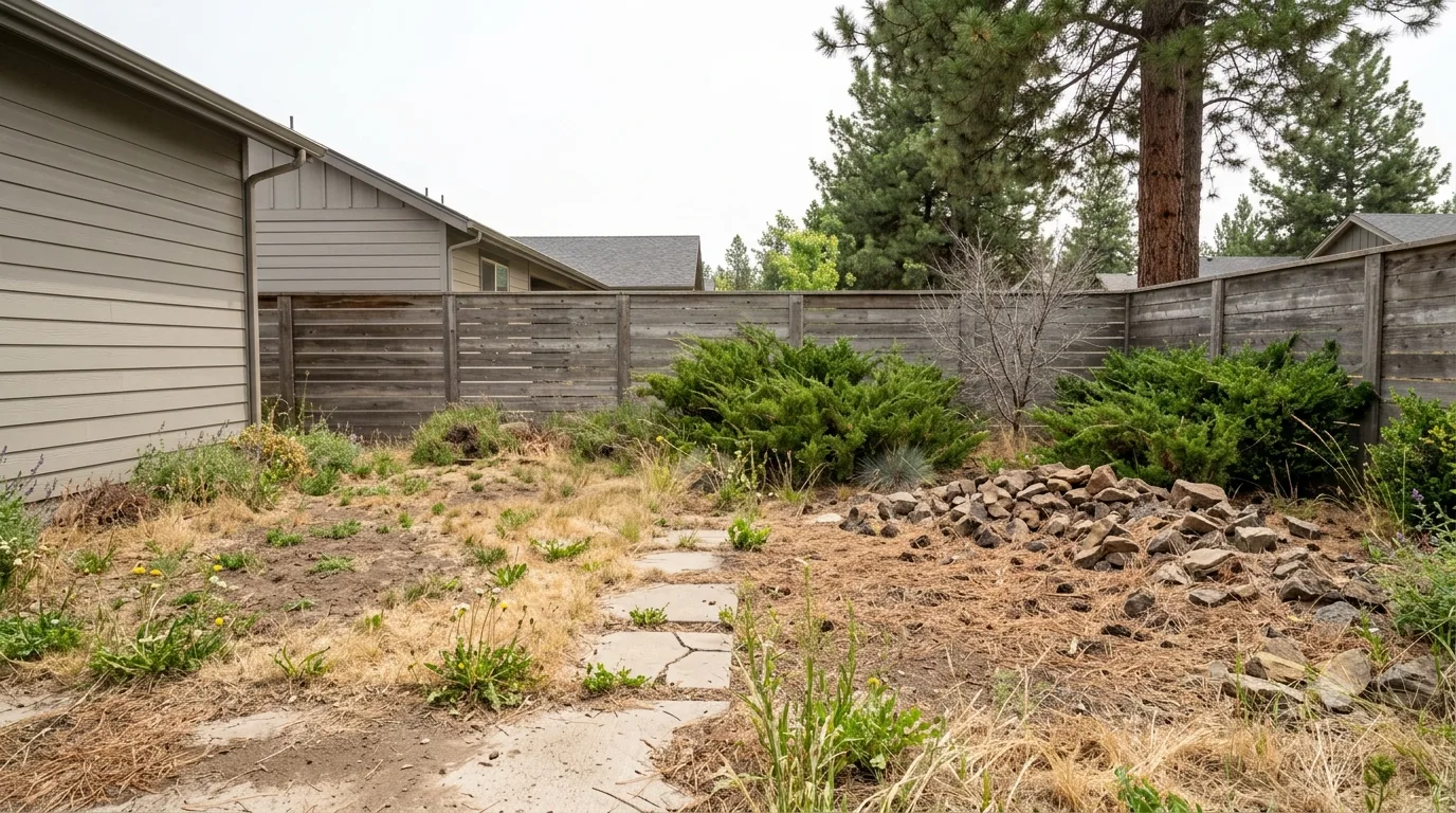 The same backyard before work — patchy dead lawn, weeds, overgrown junipers along the fence, and a pile of loose rock
