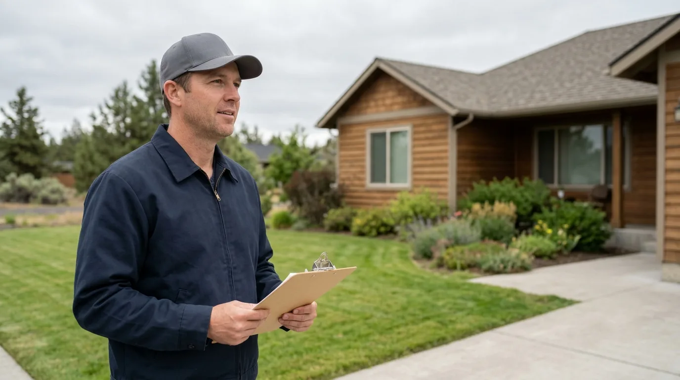 Someone with a clipboard on a front walkway, looking over the yard
