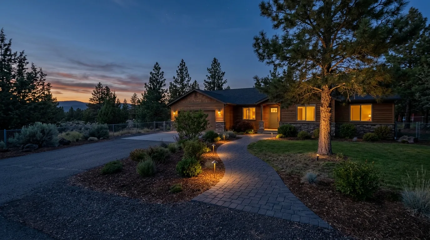 A front walkway at dusk lit by low landscape path lights, with an uplit pine and warm light in the windows