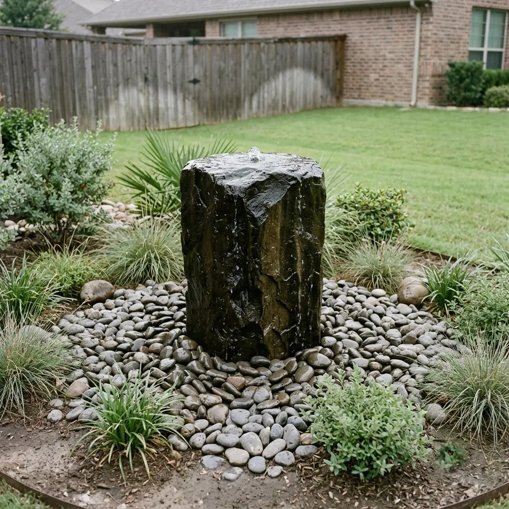 A drilled basalt column fountain running over river rock, ringed by ornamental grasses and low shrubs