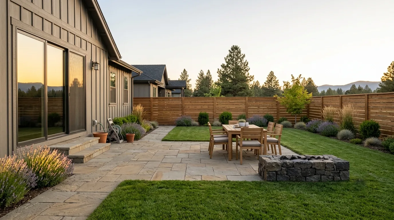 A finished backyard at golden hour — flagstone patio, dining table, stone fire pit, and planted beds along the fence
