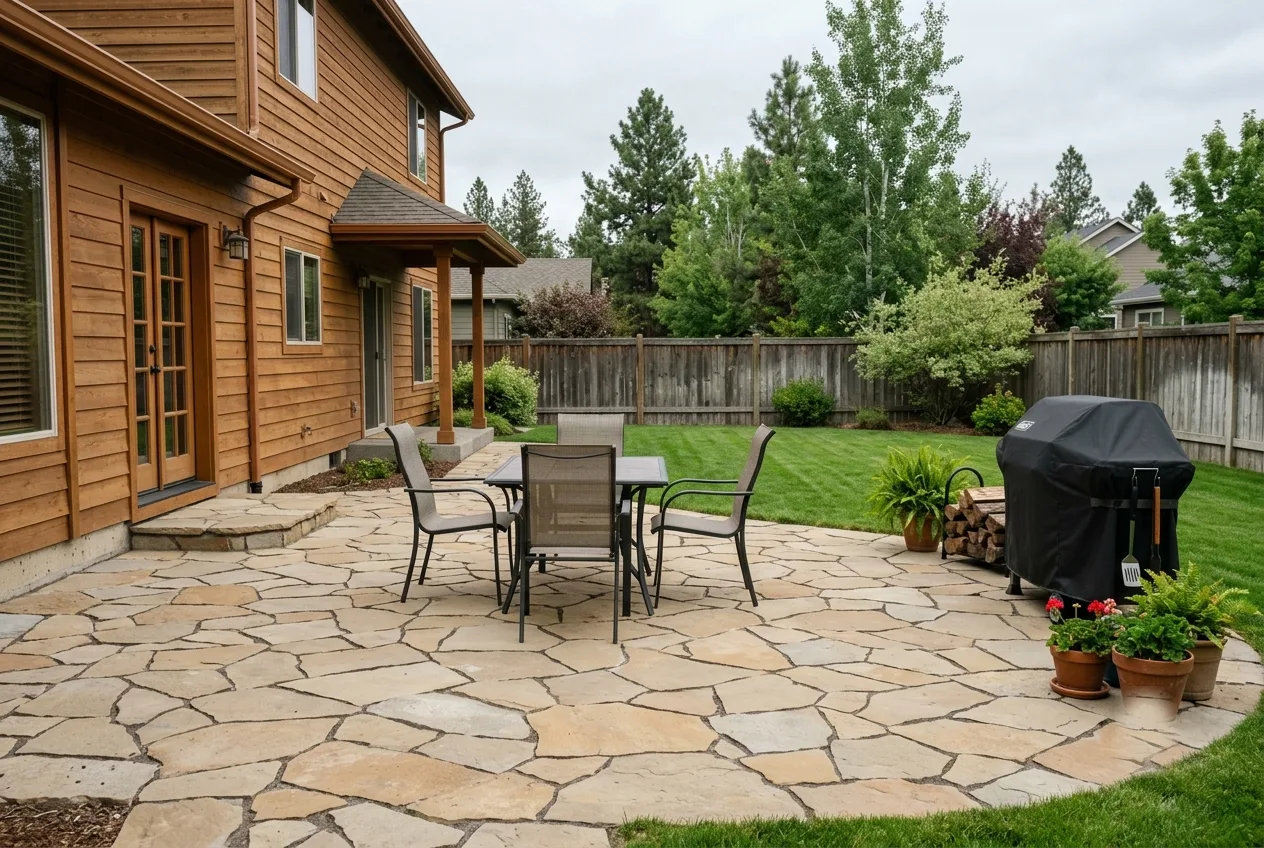 A finished flagstone patio behind a cedar-sided home, with a table and chairs, a covered grill, and lawn running to the back fence