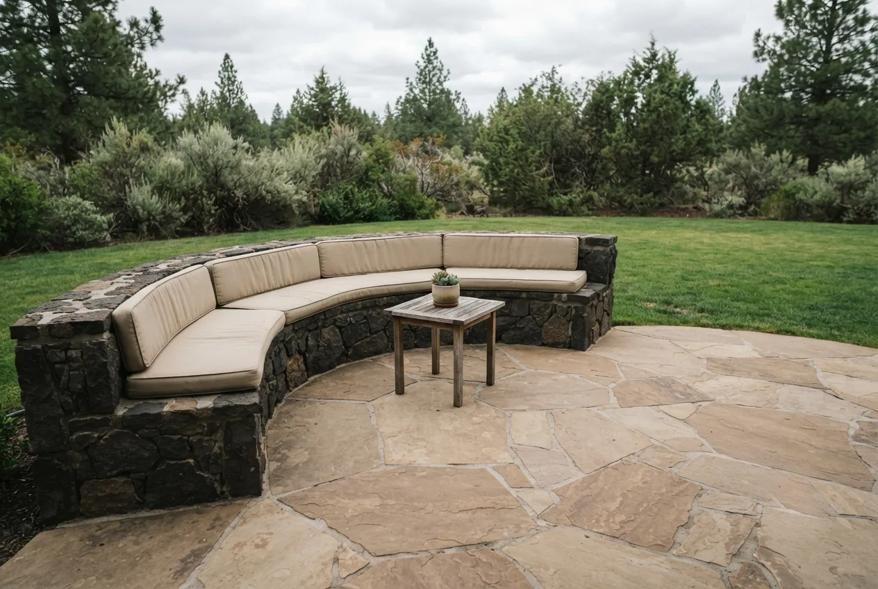 A flagstone patio with a curved stone seating wall and cushions, opening onto a lawn