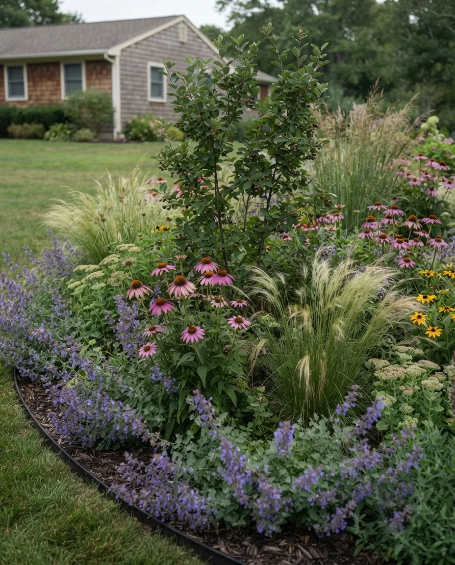 A perennial bed in its second summer — coneflowers, catmint and ornamental grasses grown together with no bare gaps
