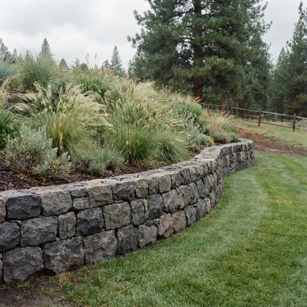 A dry-stacked basalt retaining wall curving along a slope, ornamental grasses planted above it