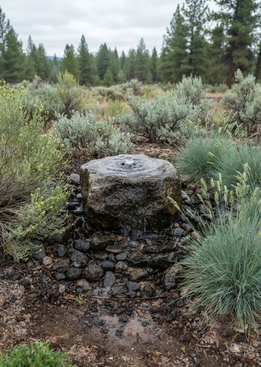 A drilled boulder fountain welling water over river rock, set in a bed of native grasses and sagebrush