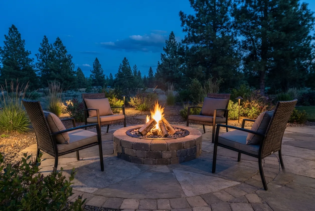 A circular paver fire pit burning at dusk, four chairs around it under a deep blue sky