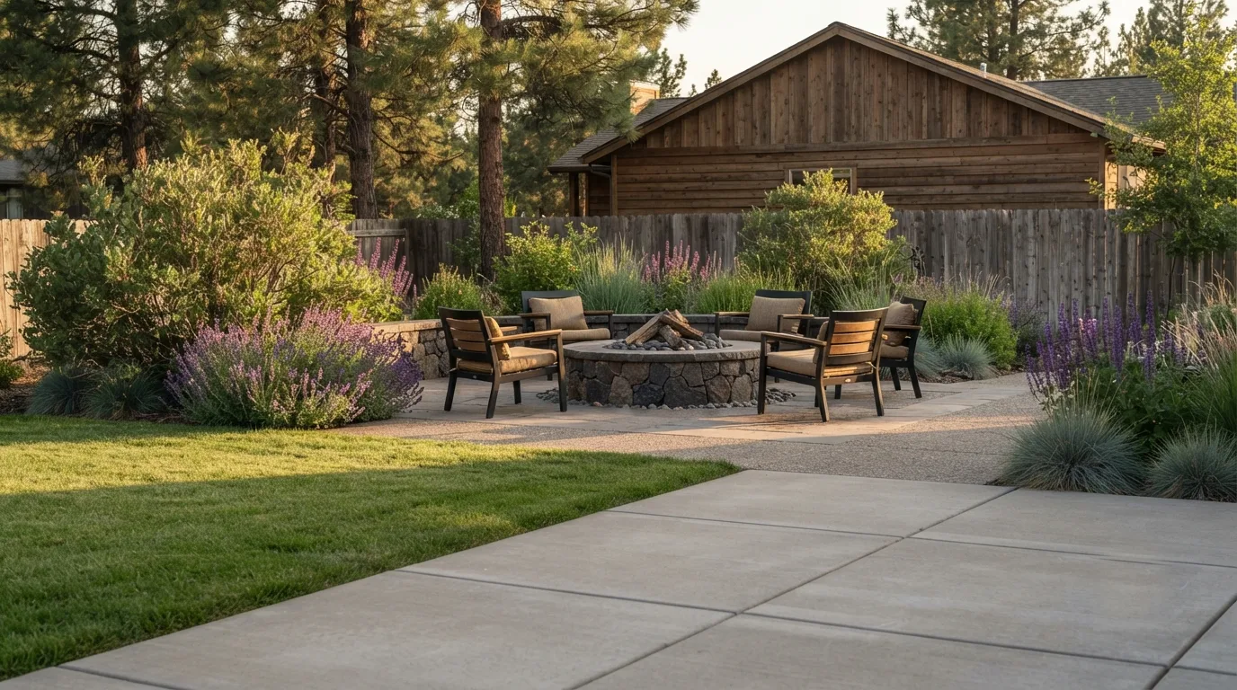 A finished backyard at golden hour — stone fire pit ringed by chairs, mature lavender and grasses along the fence, and a wide paver patio