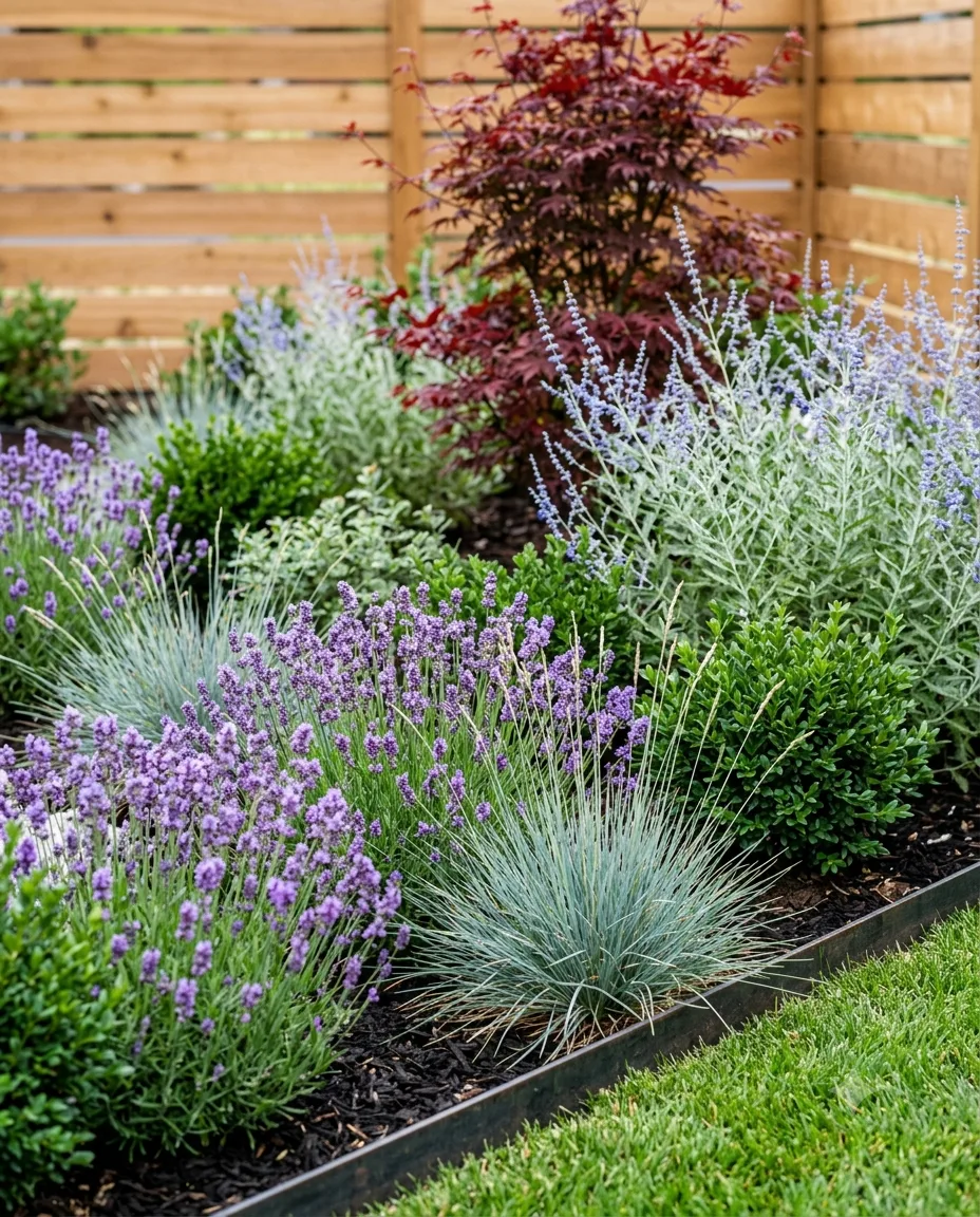A layered perennial bed — lavender in bloom, blue fescue, boxwood, and Russian sage over dark mulch, edged in steel against the lawn