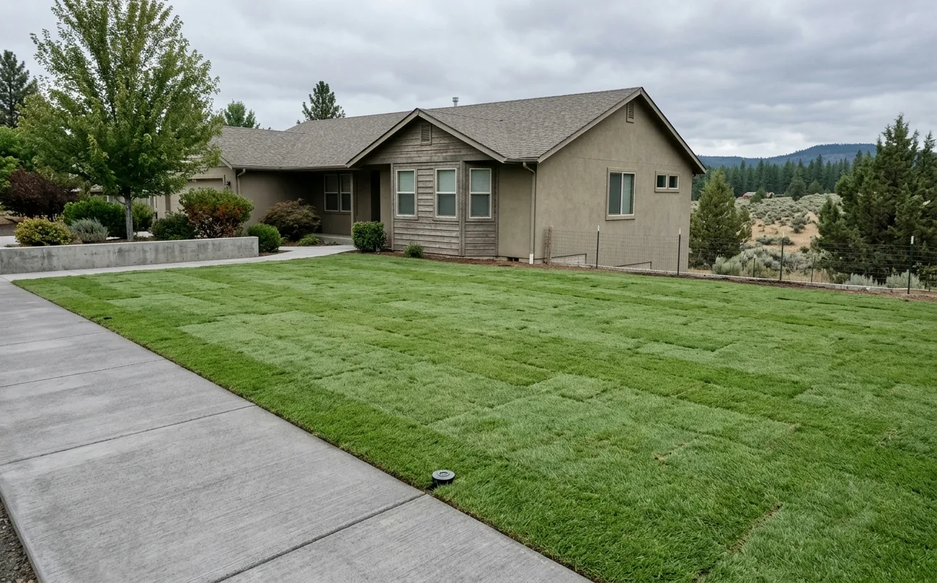 A freshly laid sod lawn in a front yard, seams between the rolls still visible, edged against a concrete walkway