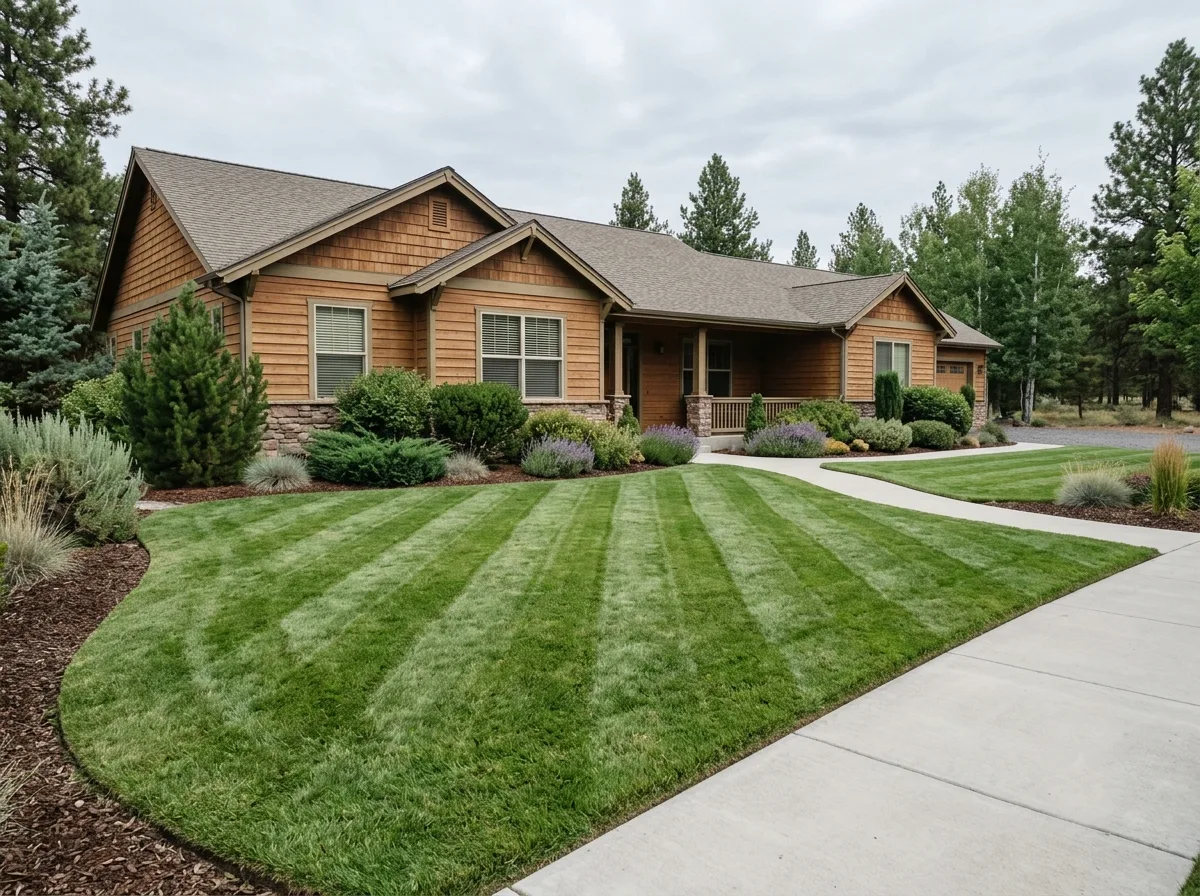 A freshly mown front lawn, edged along a concrete walkway