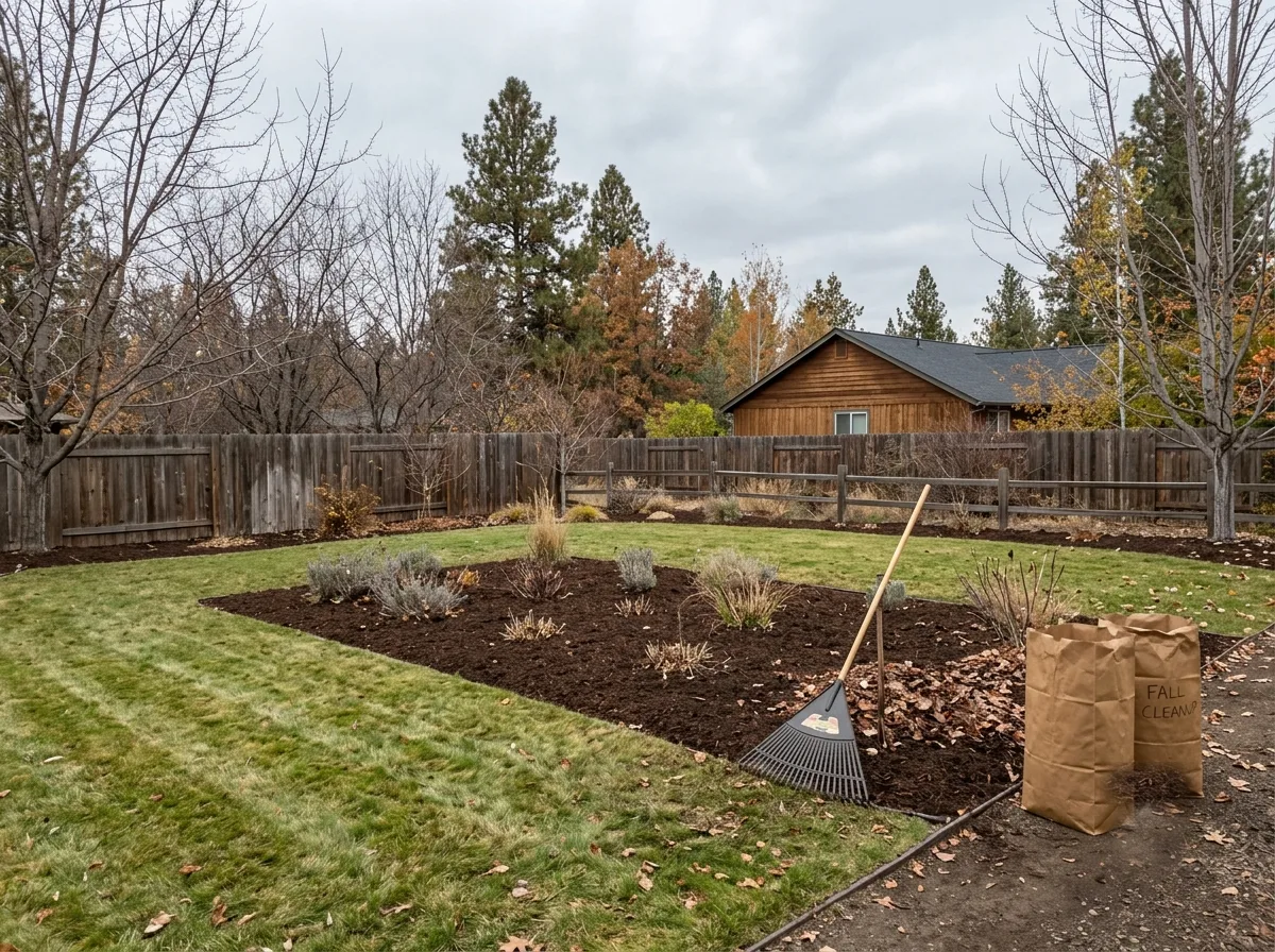 A backyard after a tidy: beds raked, plants cut back, leaves bagged