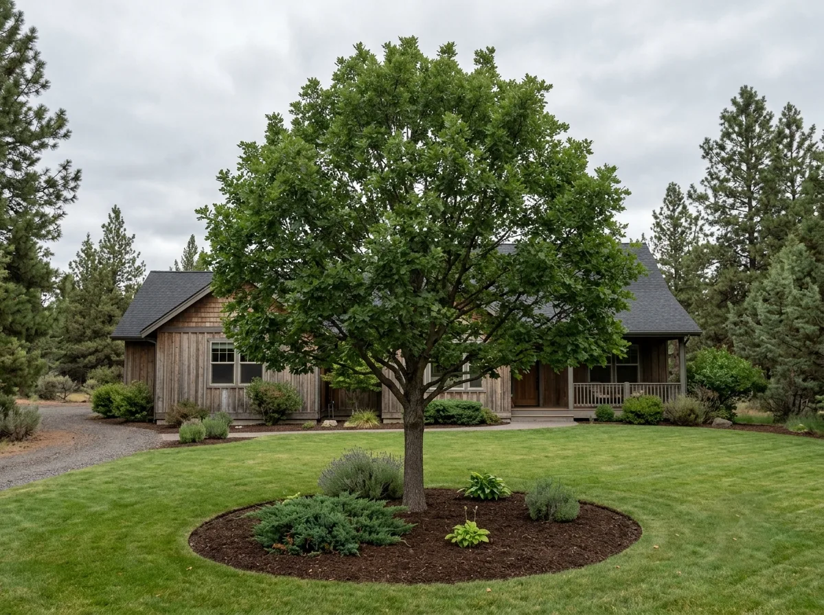 A maintained lawn and shrubs