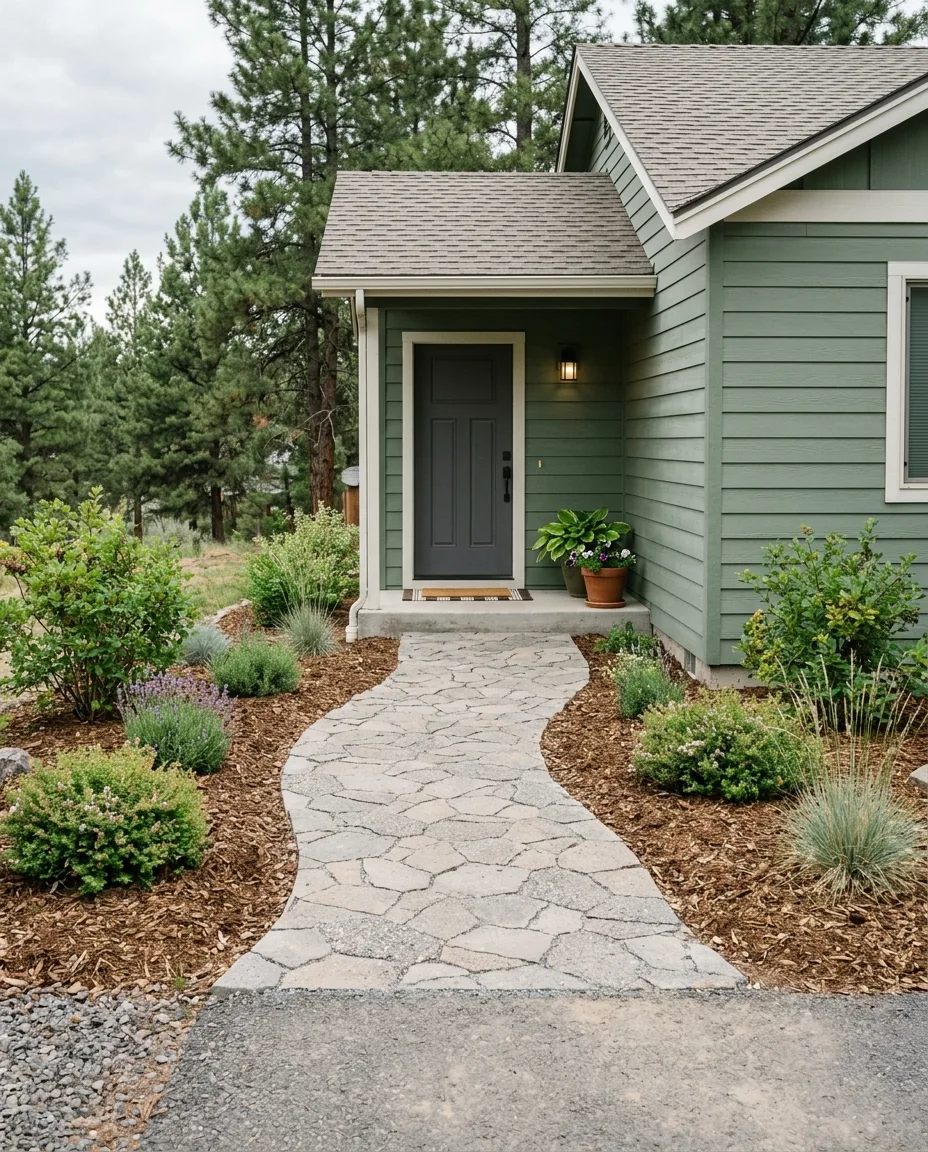 A flagstone walkway curving to the front door of a green-sided house, bordered by bark mulch and low shrubs